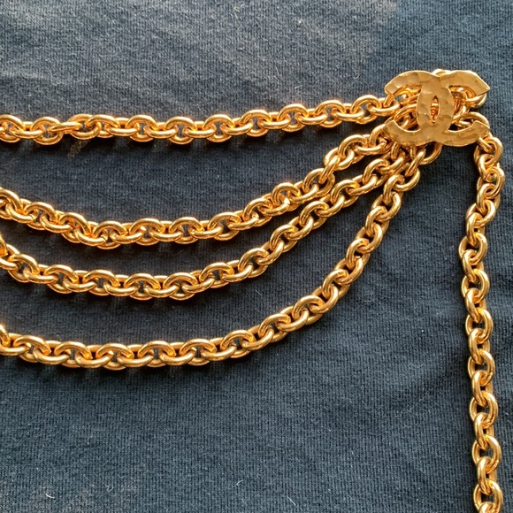 CHANEL 💛 Vintage RARE Gold Tone Chunky CC Logo 5 Chain Link Belt Necklace  🖤 - Picture 10 of 12